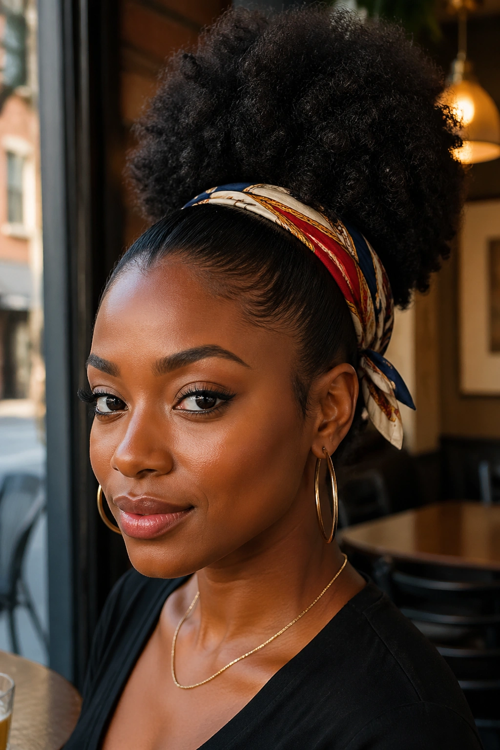 Close-up of a real woman with a scarf-wrapped Afro ponytail tied at the base