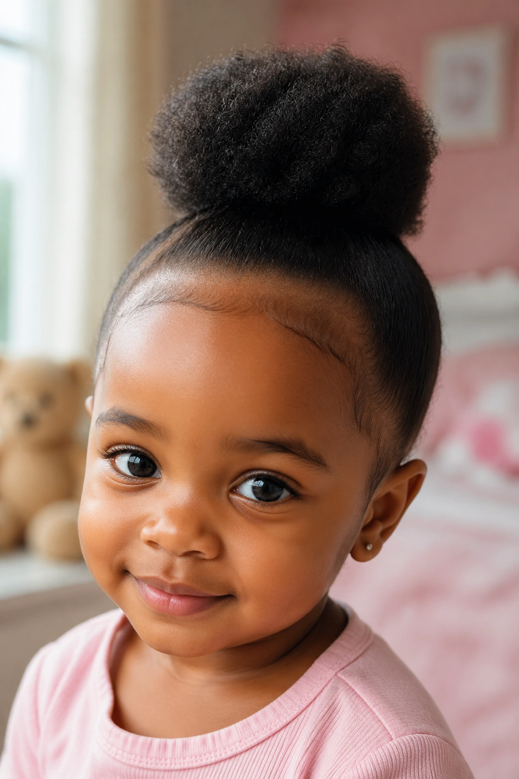 Close-up of a baby girl with a crown afro puff in a softly lit nursery.