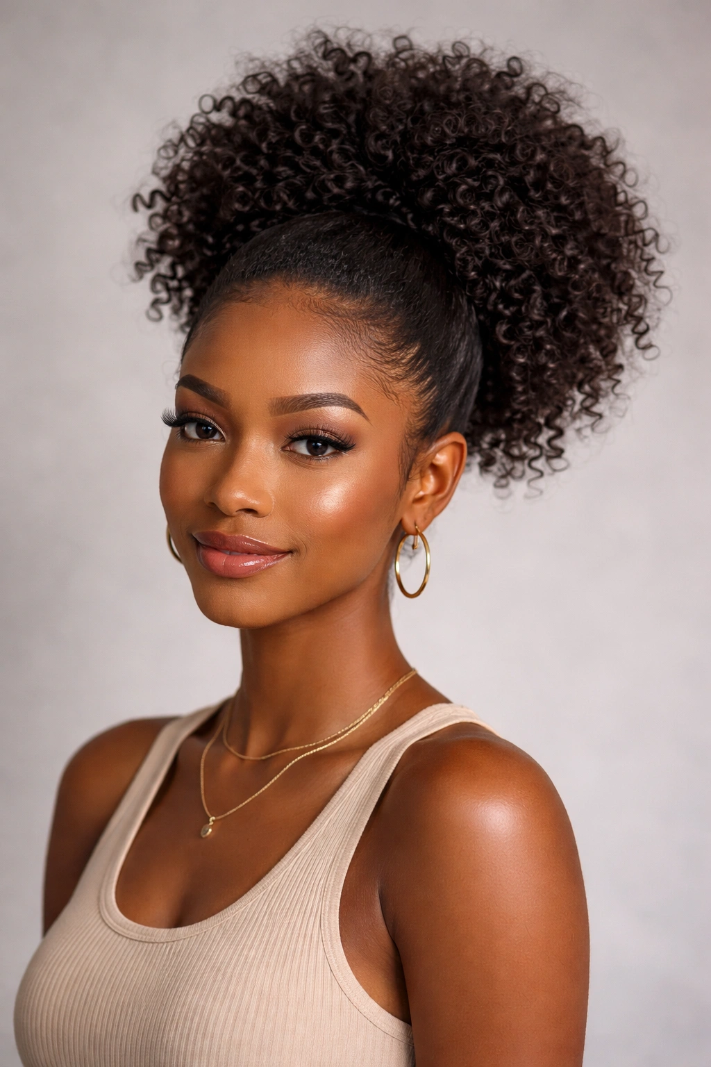 Voluminous afro puff curly ponytail on neutral backdrop