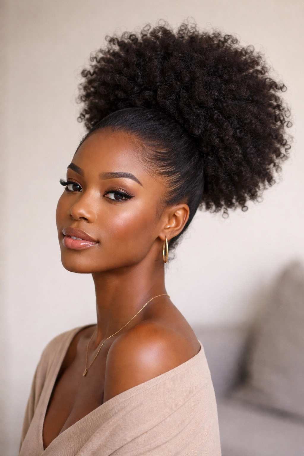 Close-up of an Afro puff with drawstring extension showing crown-height lift and textured curls