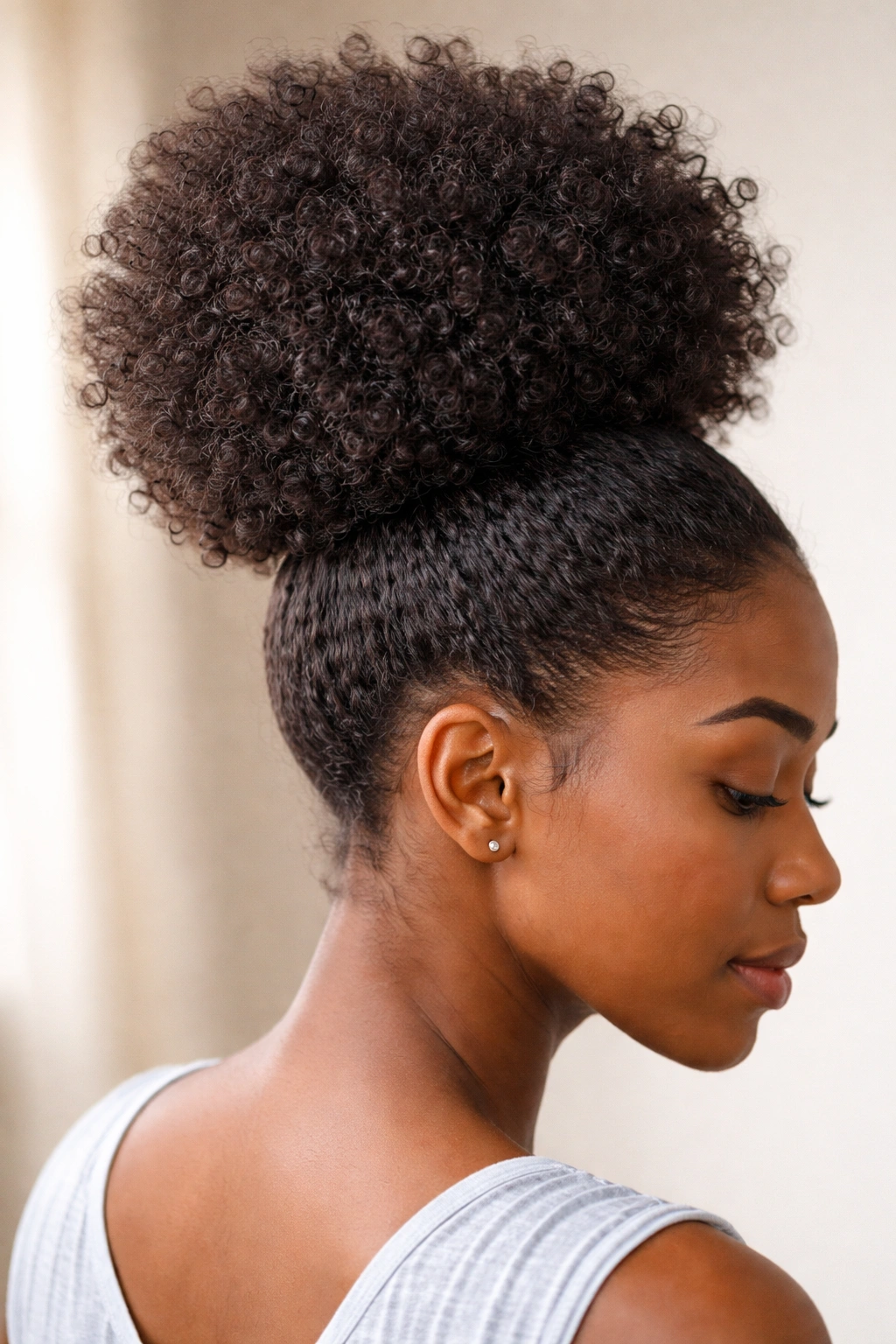 Close-up of an afro puff drawstring wig showing high crown puff and hidden base