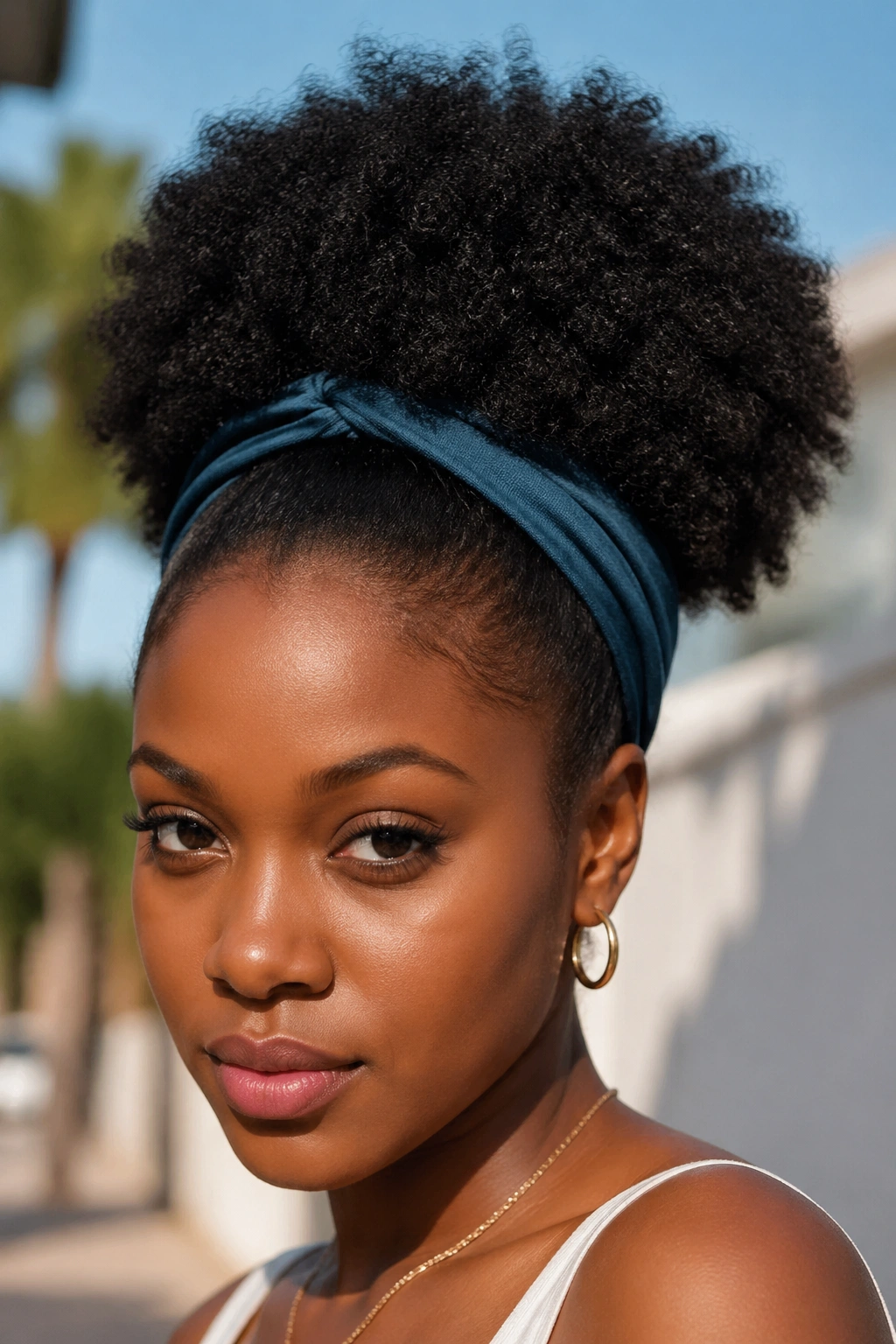 Close-up of a woman with an afro puff and headband in daylight