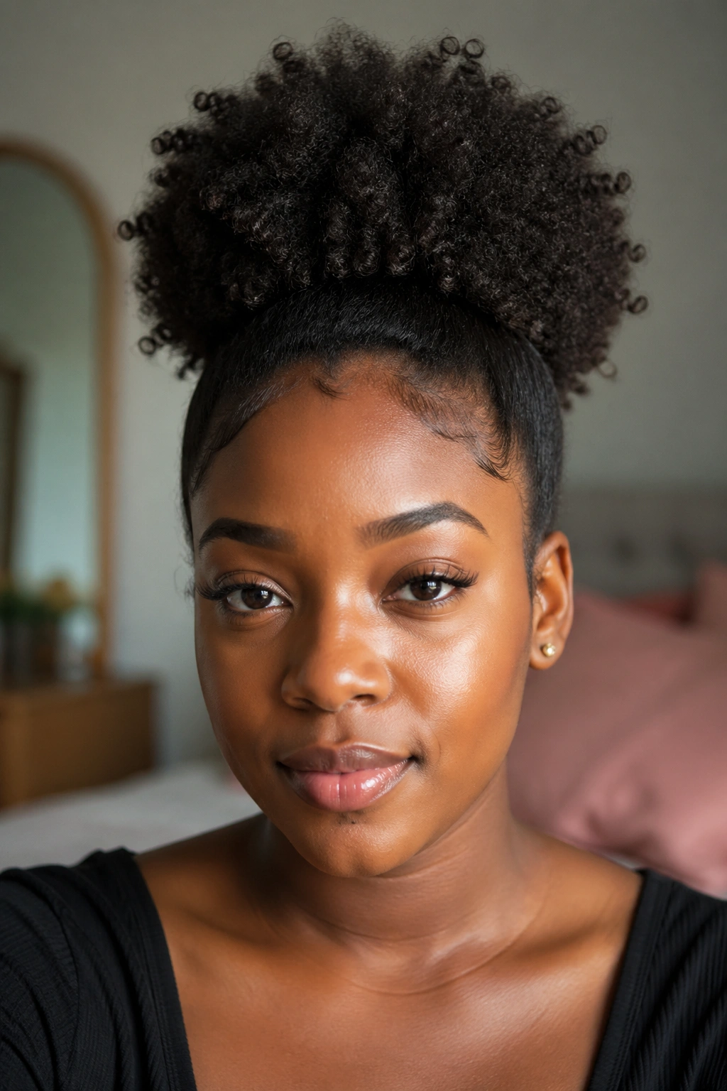 Close-up portrait of a real woman with a high Afro puff at the crown in warm window light