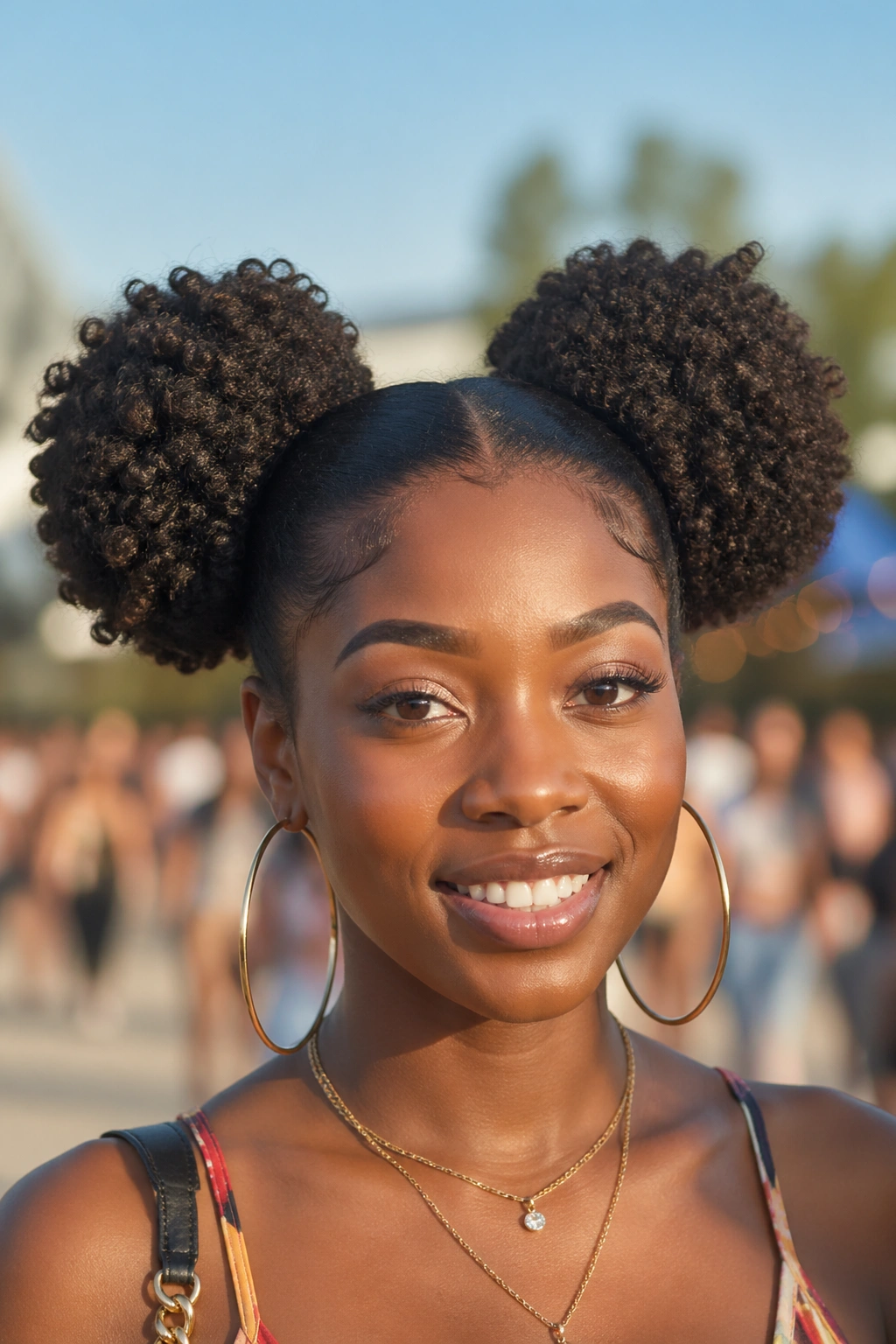 Close-up of Afro Puff Pigtails on a real woman with two balanced puffs.