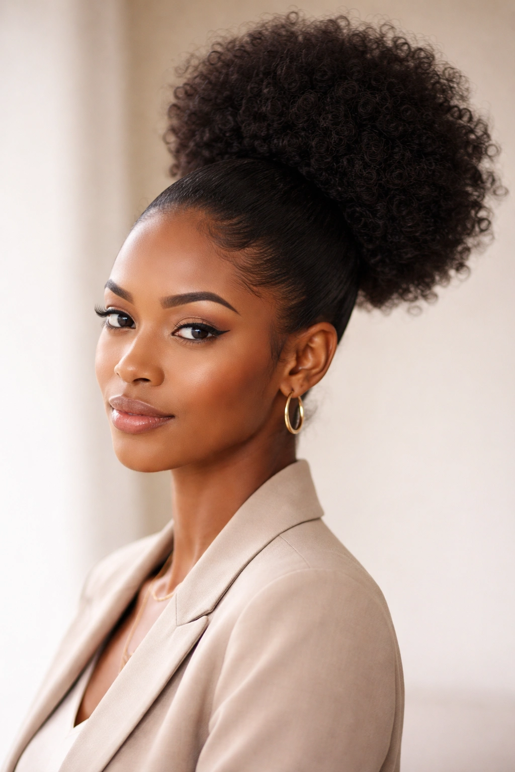 Close-up portrait of a sleek high afro puff ponytail with face-framing front in studio lighting