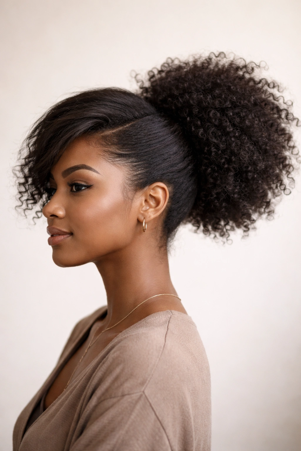 Side-swept Afro Puff Ponytail close-up with off-center puff and natural hair texture