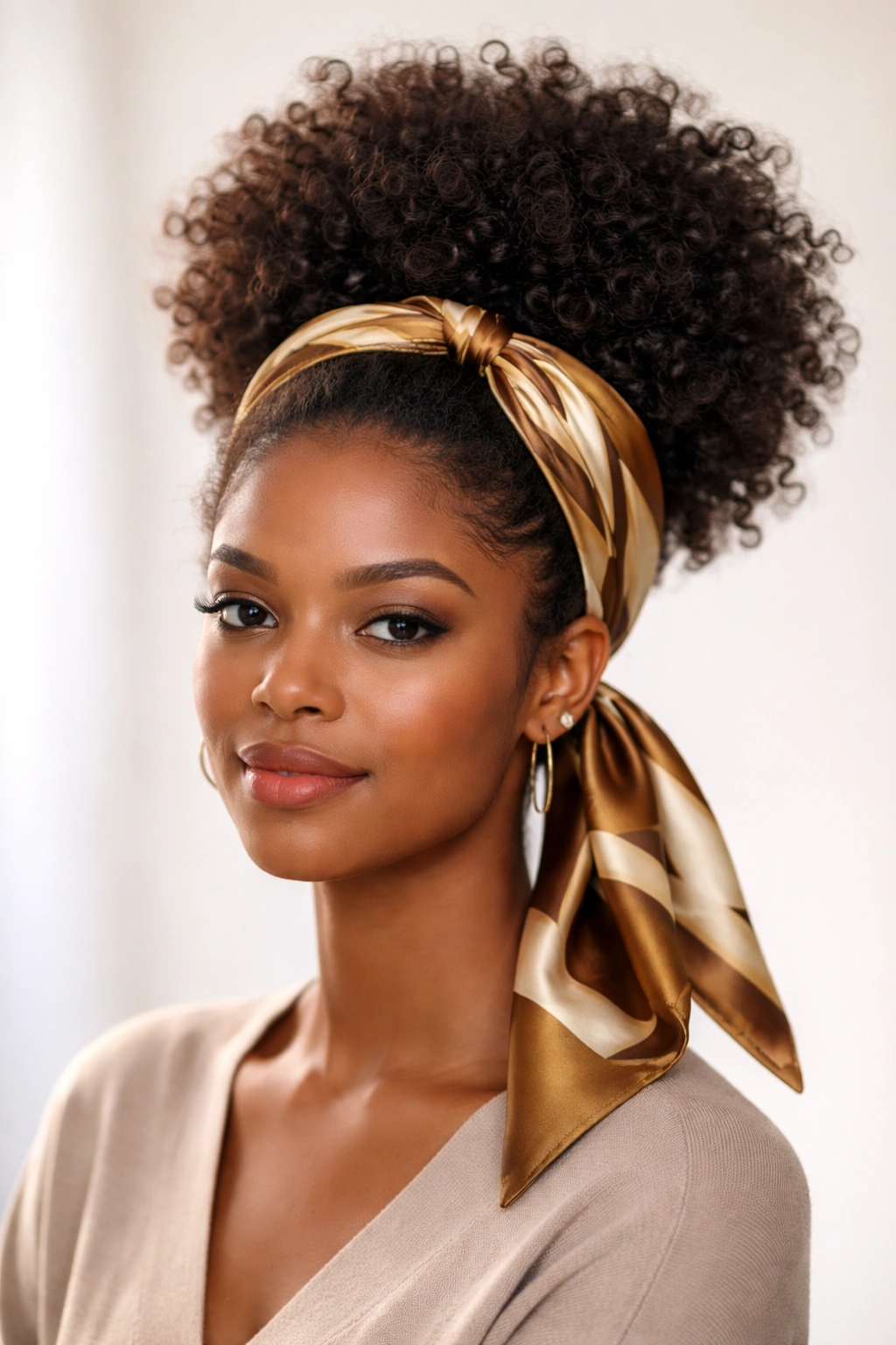 Afro puff with satin scarf wrapped around base, knot at front