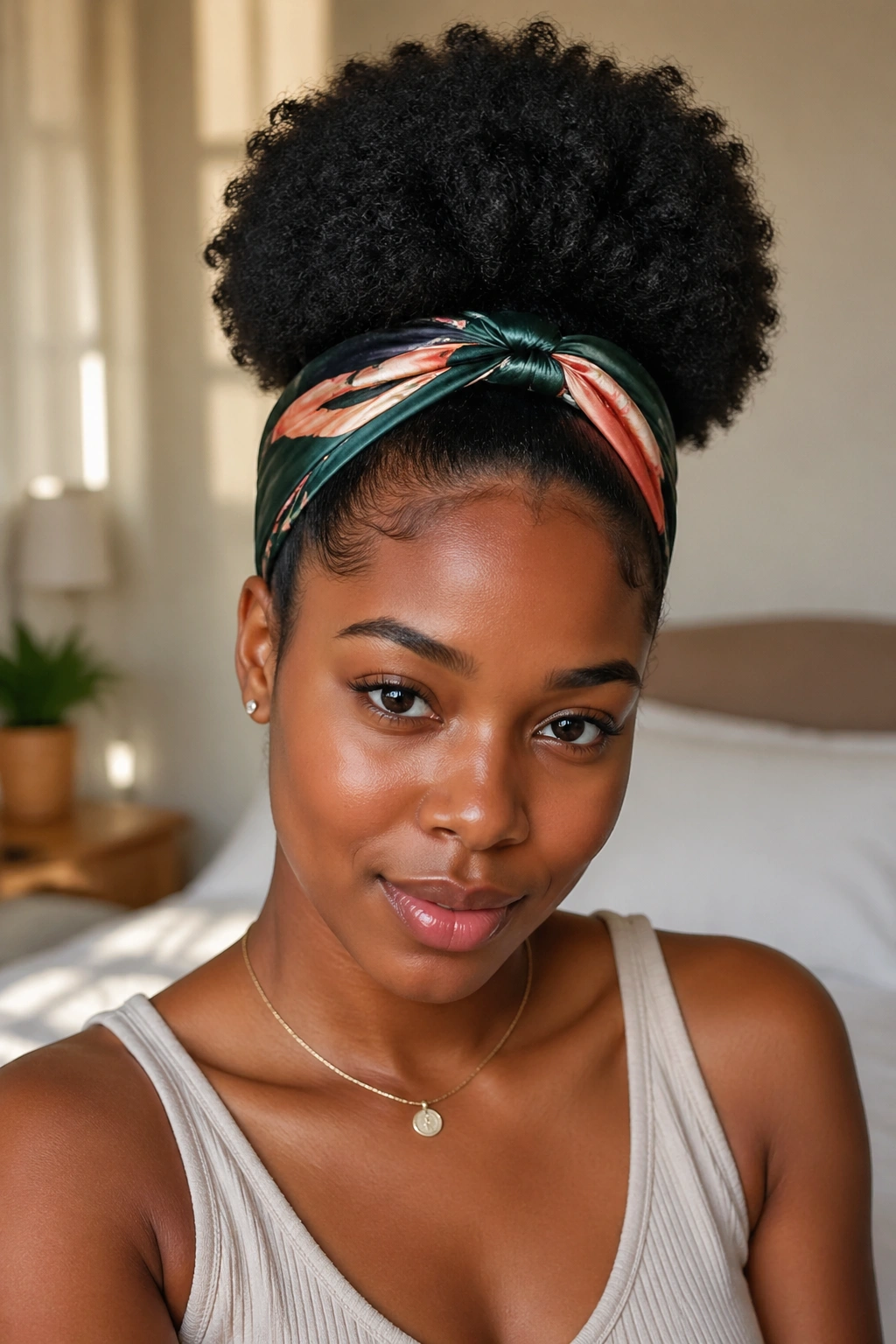Close-up portrait of a real woman with an afro puff wrapped in a silk scarf.