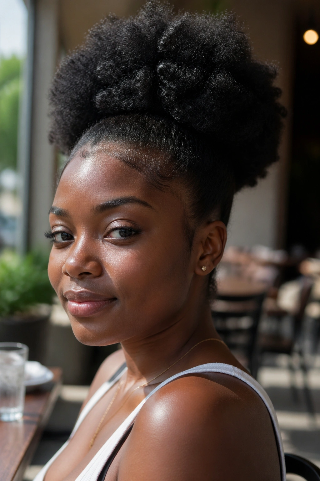 Close-up of a real woman wearing an Afro Puff Wig With a Drawstring Base