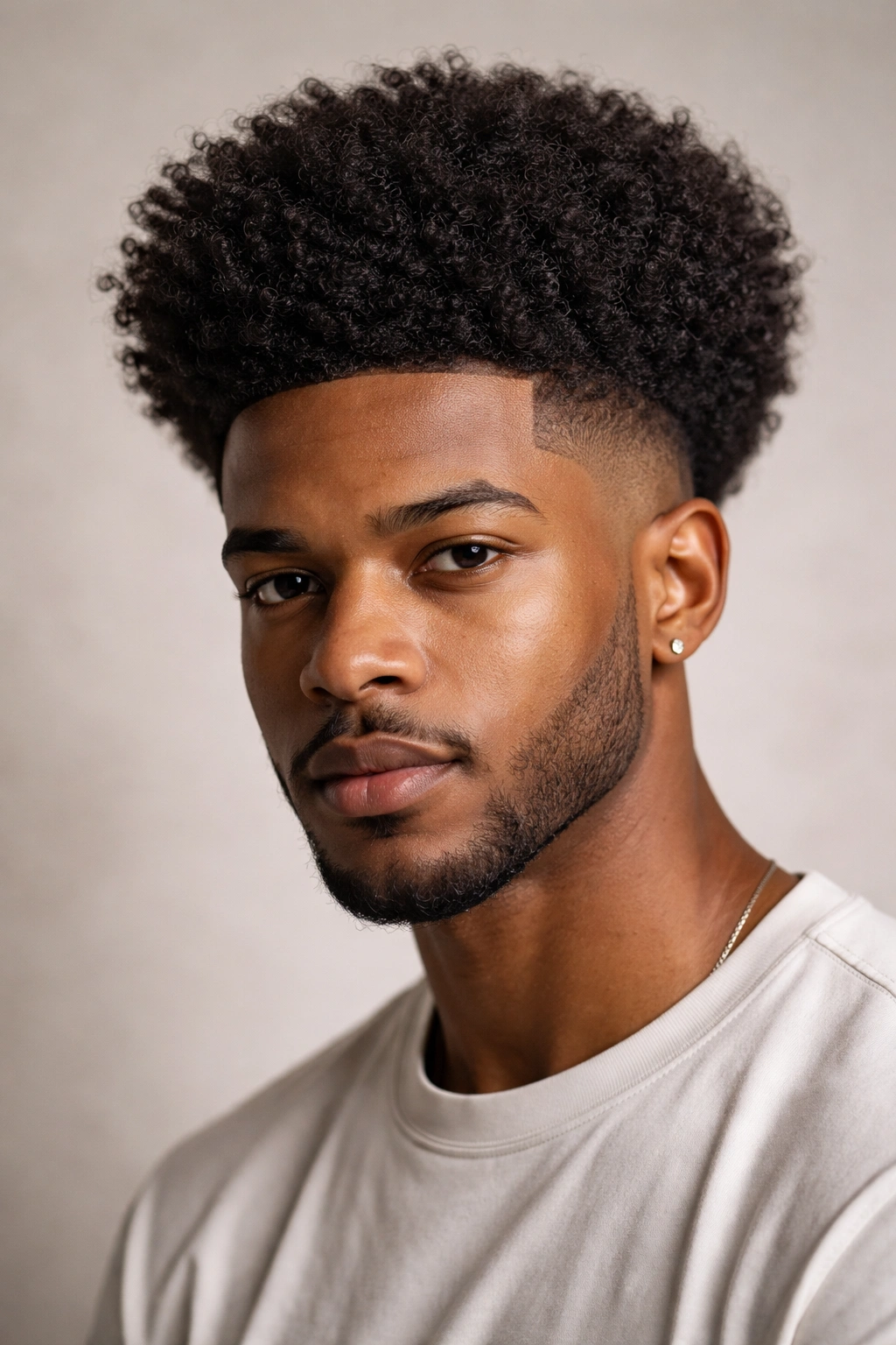 Afro with shaved temples and a full top on a model, high-contrast silhouette.