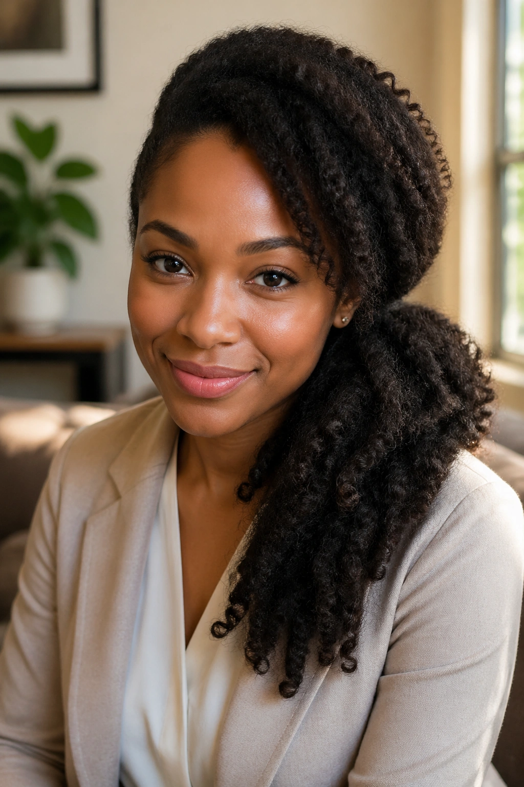 Close-up of a real woman with a side-swept Afro ponytail framing her face