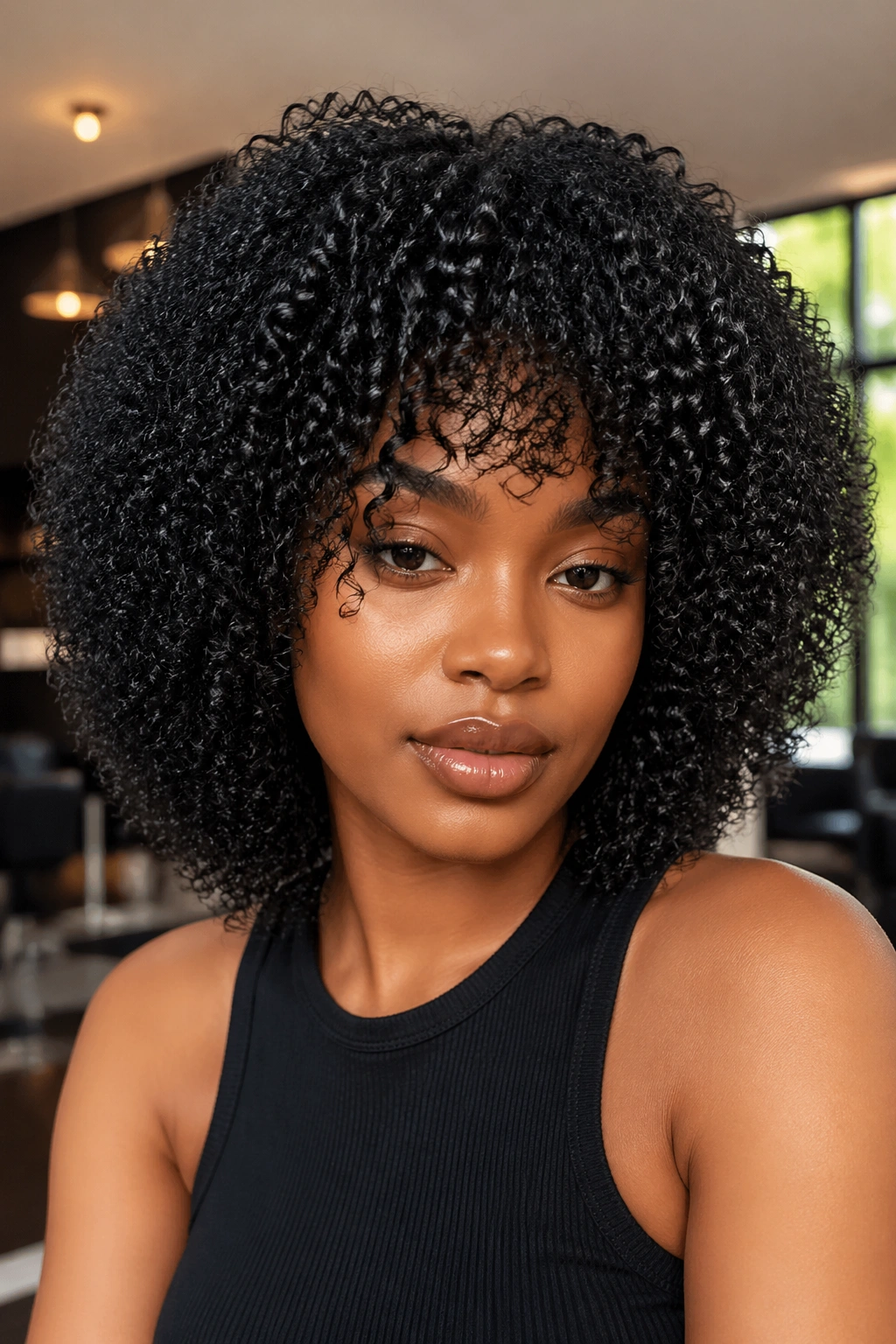 Close-up of a real person with a full afro-textured wet-look curly wig