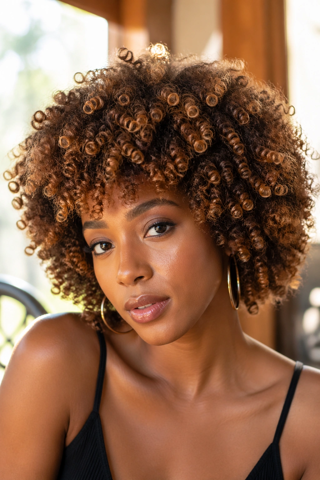 Close up of honey brown curly afro wig with warm highlights on a real woman