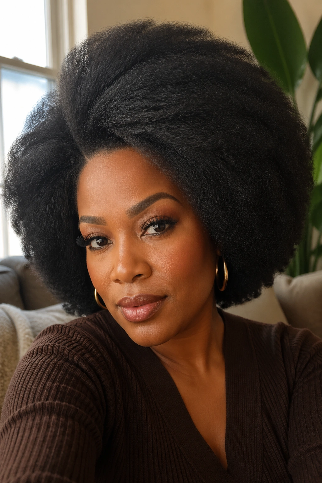 Close-up of a real Black woman wearing a blowout Afro wig with stretched texture in a cozy living room