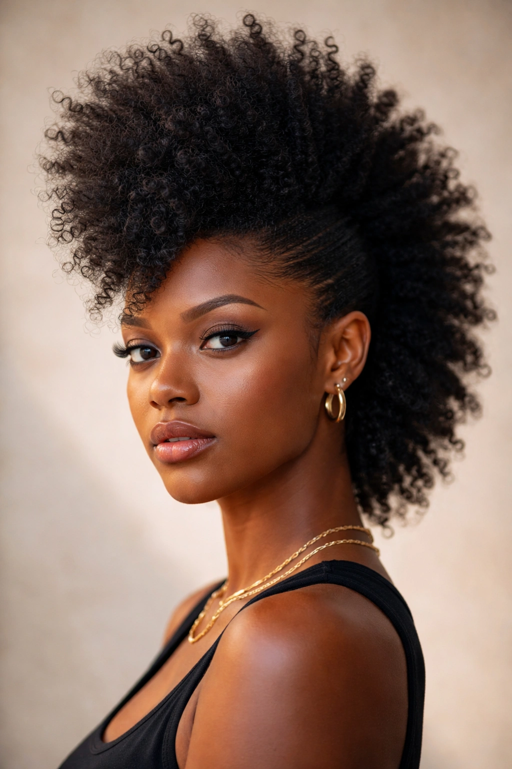 Close-up portrait of a person with a full-volume Afrohawk showing center ridge and slicked sides