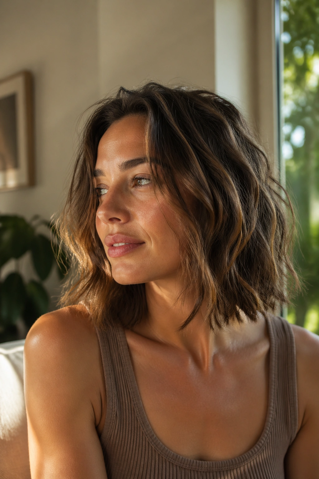 Close-up of a real woman with an air-dried lob showing natural texture