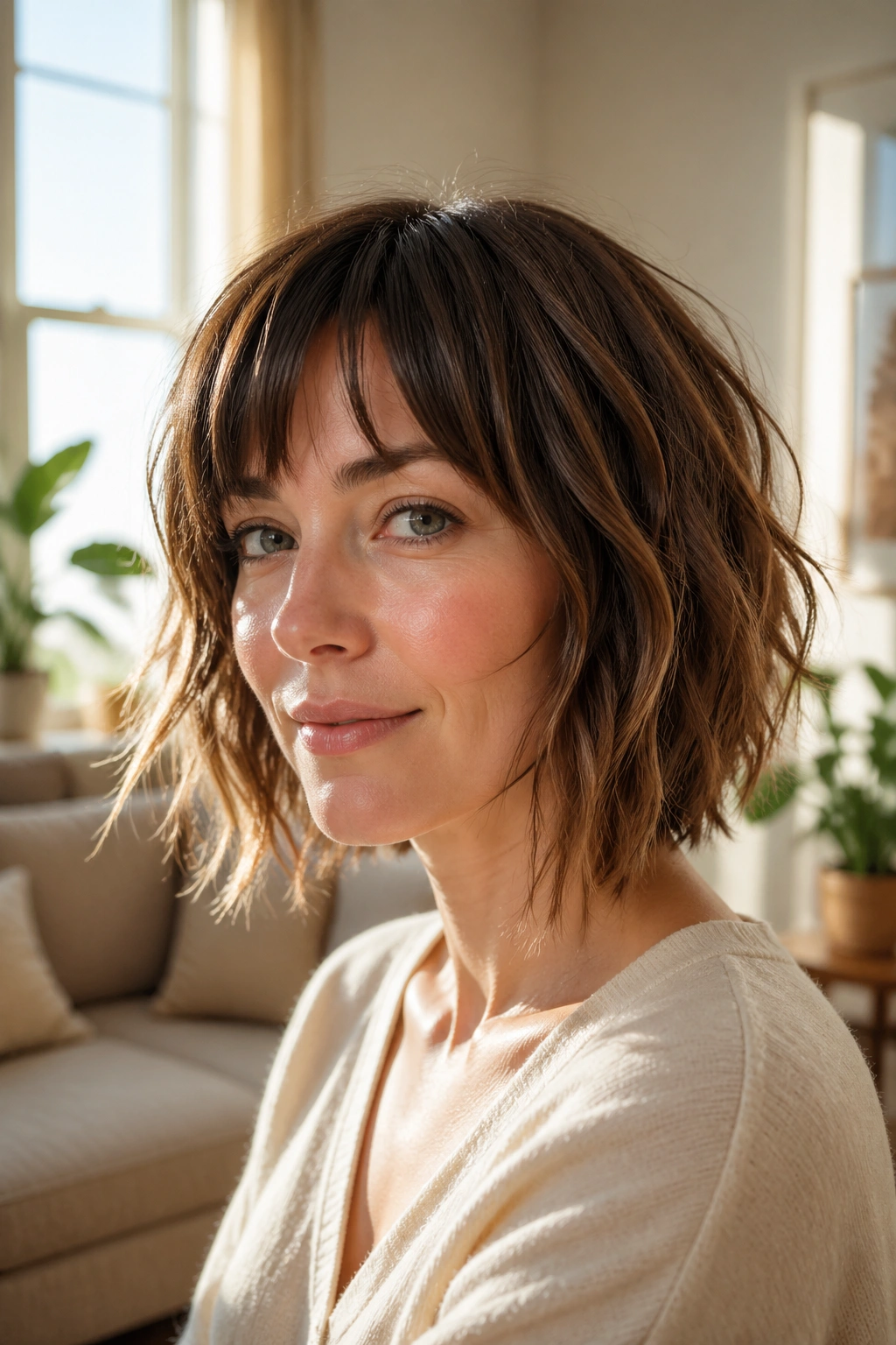 Close-up of a real woman's air-dried shag bob with natural texture