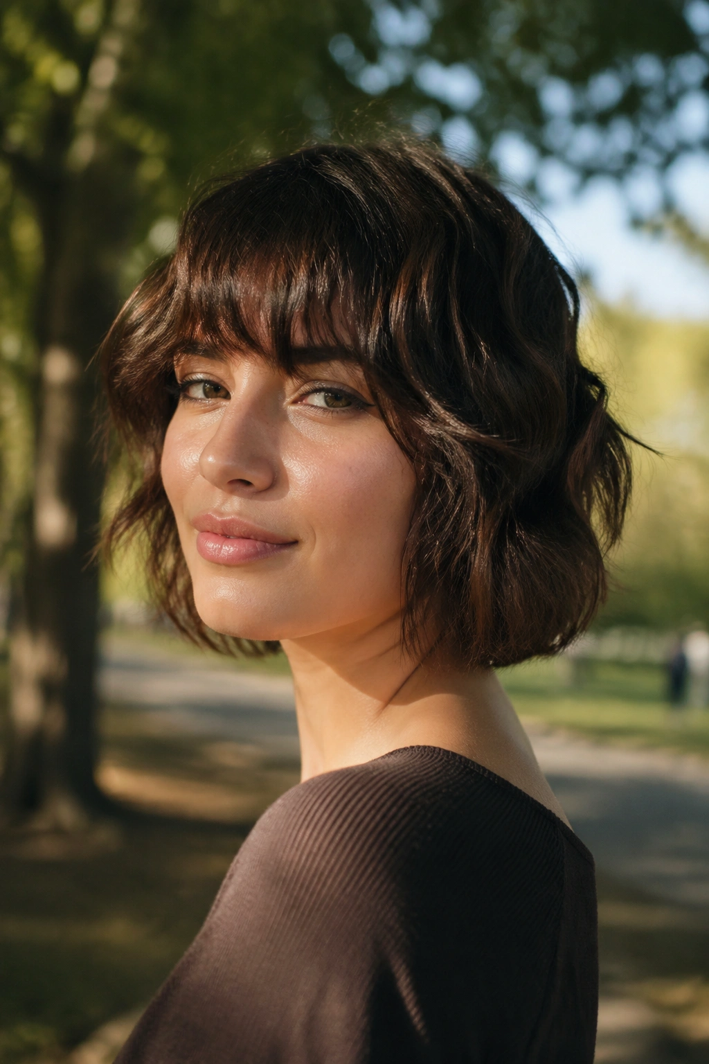 Portrait of a real person with an air-dried wavy wolf cut bob and eyebrow-skimming bangs