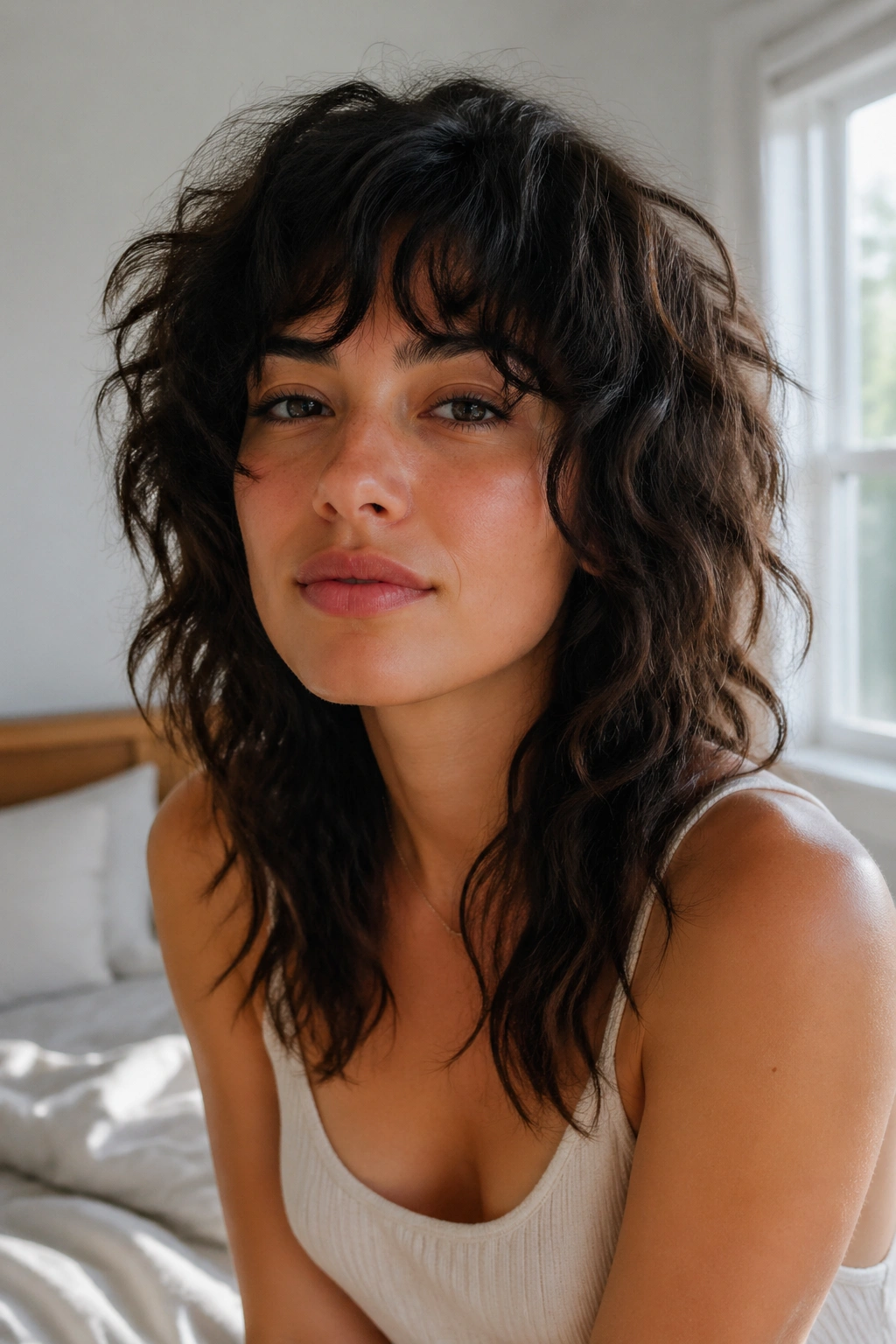 Close-up of a real woman with an air-dry shag in morning bedroom light