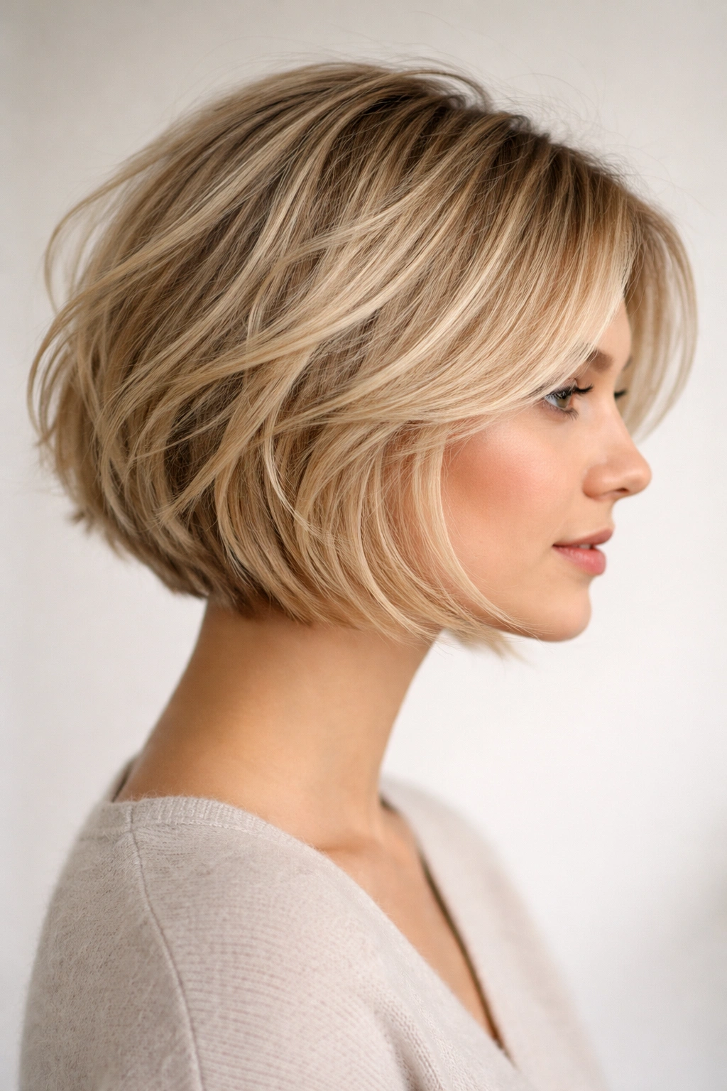Close-up of an airy bob on fine hair with light layering and a subtle bevel, side-parted.