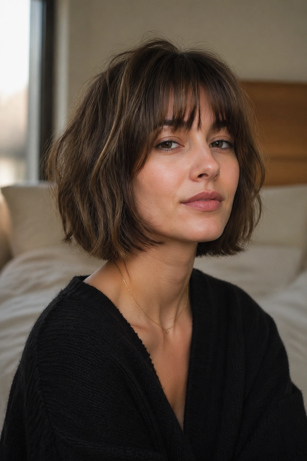 Close-up of a real woman with The Airy French Bob Wolf Cut for Fine Hair in a cozy bedroom