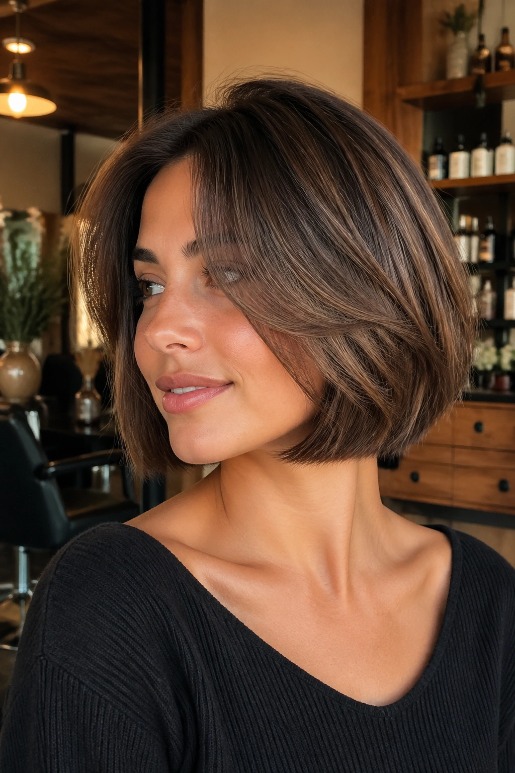 Close-up portrait of a real woman with airy layered Italian bob in a salon