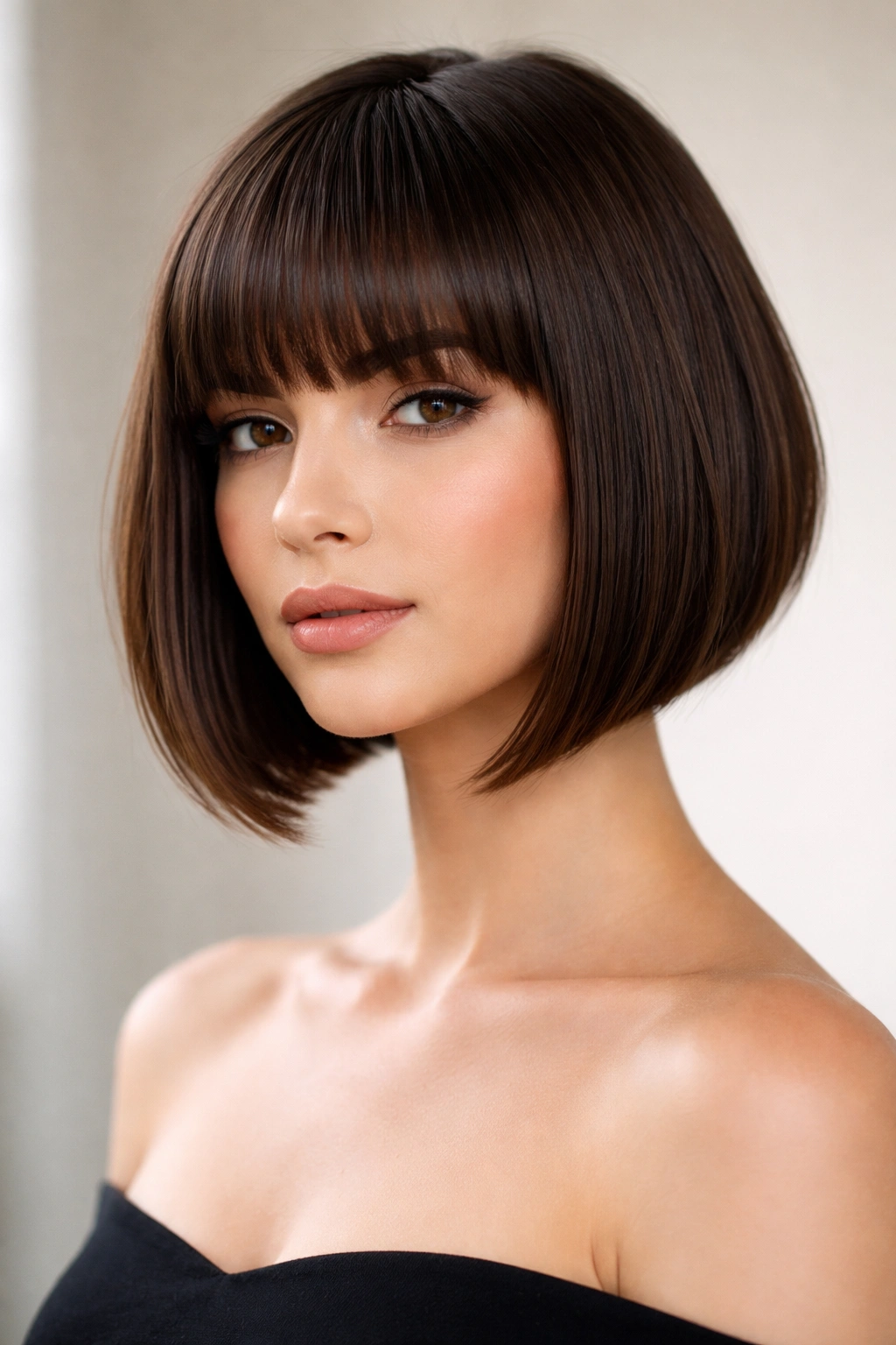 A-line bob with full straight bangs showing diagonal front length