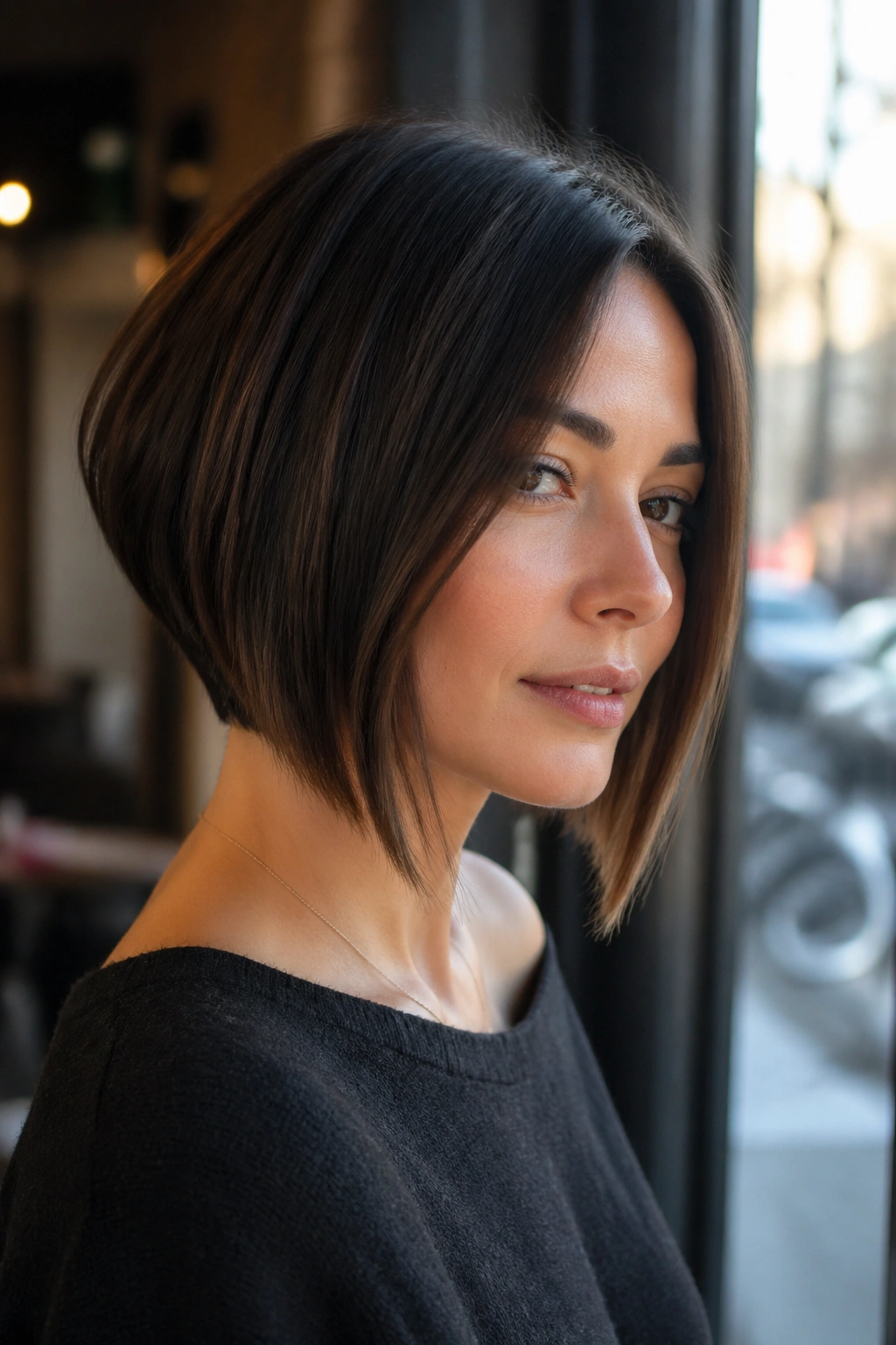 Portrait of a real woman with an A-line bob showing front length and back angle in daylight