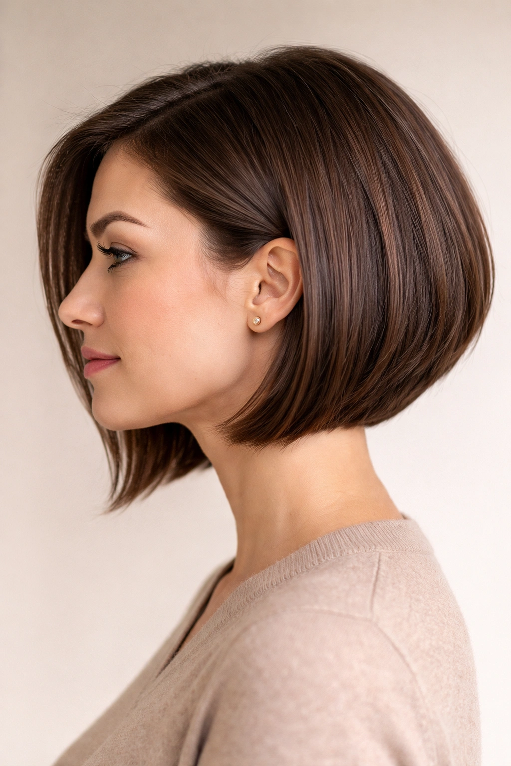 A-Line bob hairstyle with shorter back and longer front, shown in studio portrait