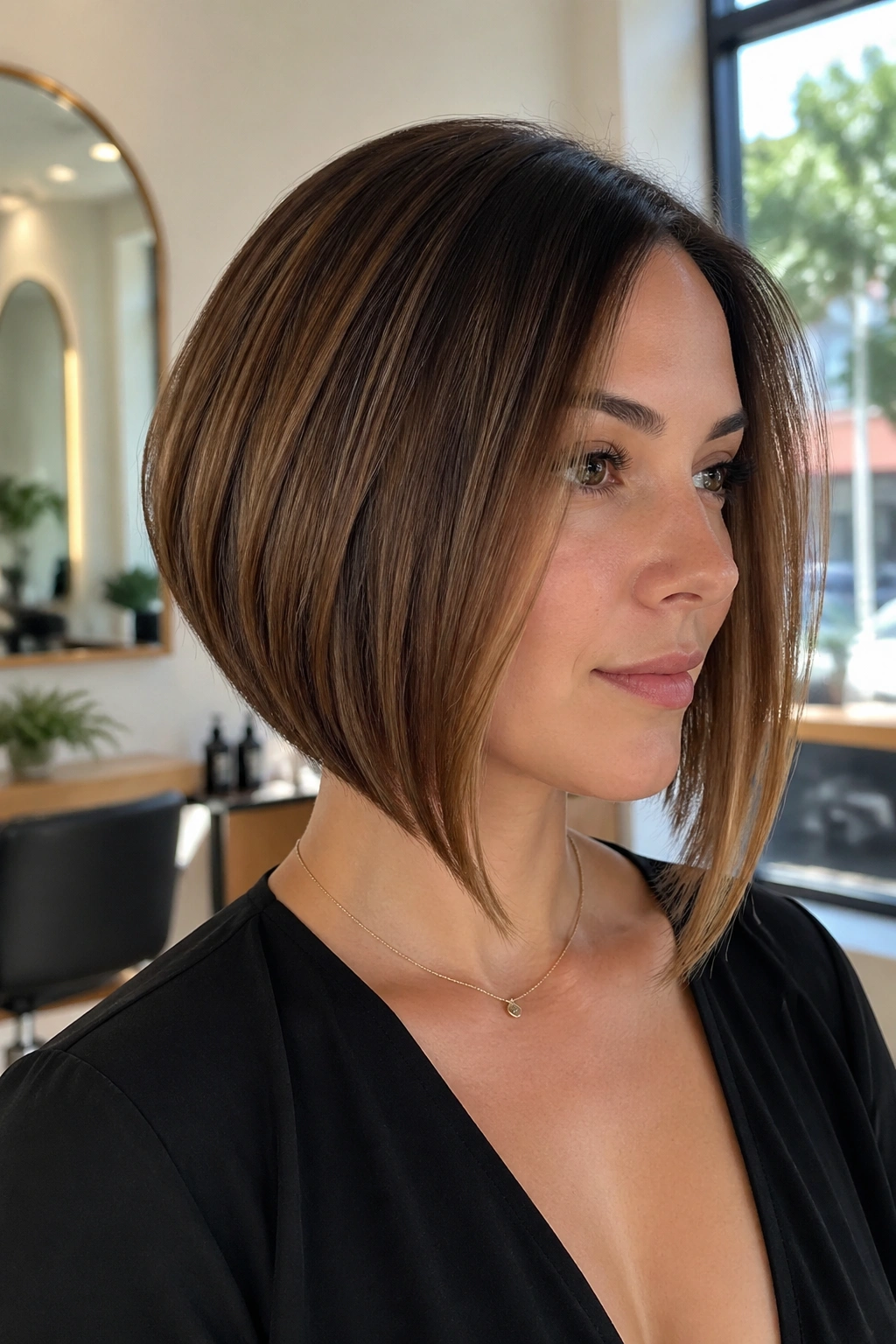 Close-up of a real woman with an A-line bob featuring longer front pieces