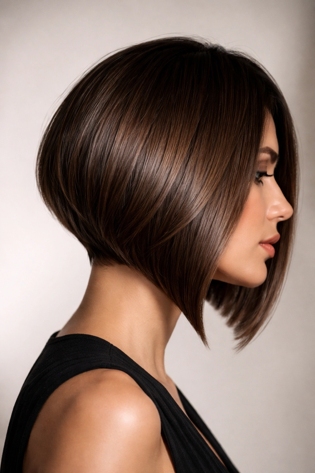 A-line carved bob with a steep diagonal drop