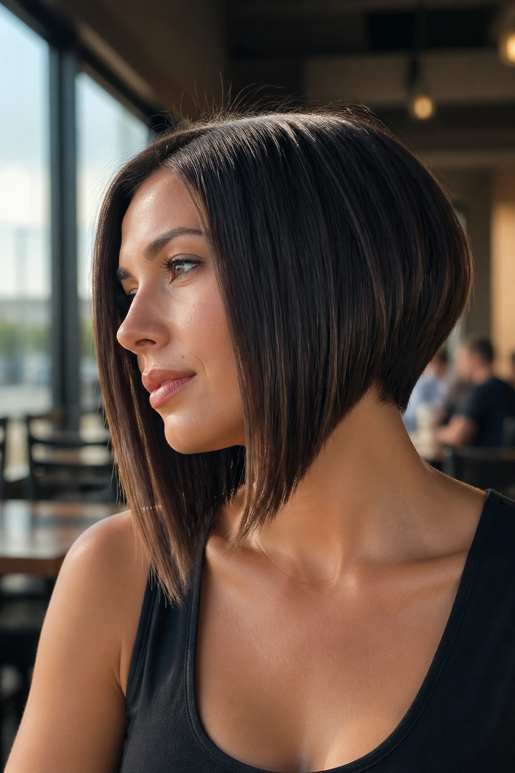 Close-up of a real woman wearing an angled A-line bob with longer front pieces