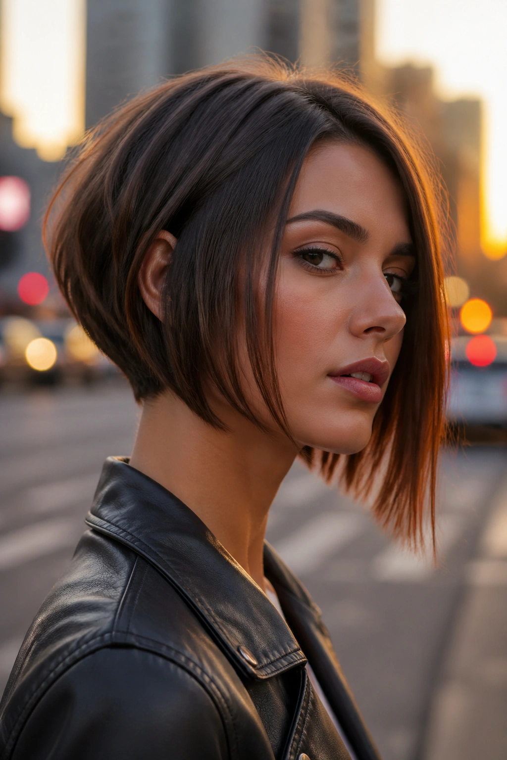 Portrait of a woman with an angled A-line bob showing diagonal front line