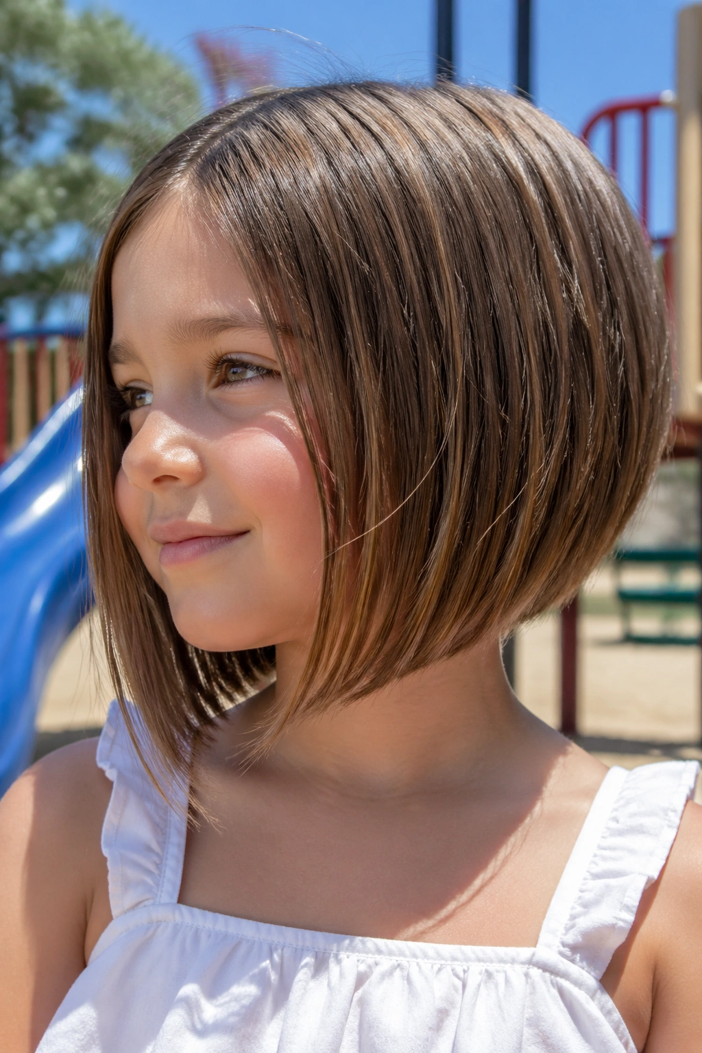 Close-up of a child with an angled A-line bob that follows the jaw.