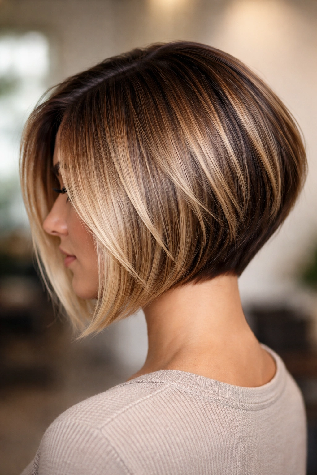 Angled bob with balayage following the diagonal line from dark to light