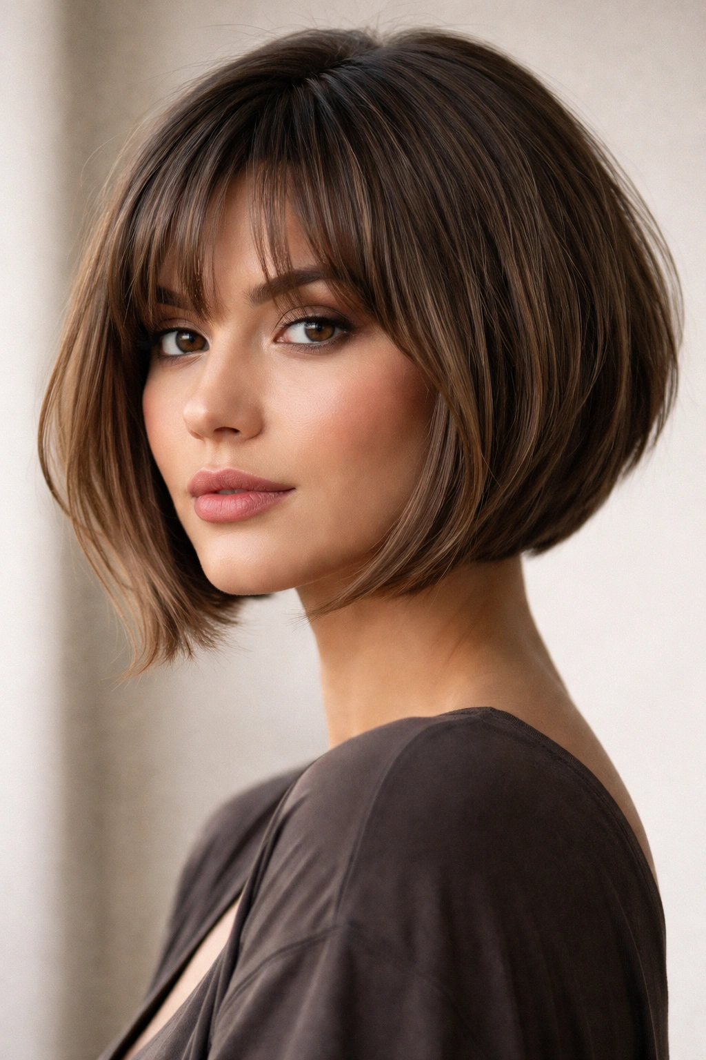 Angled bob with bottleneck bangs on a model, dramatic front framing