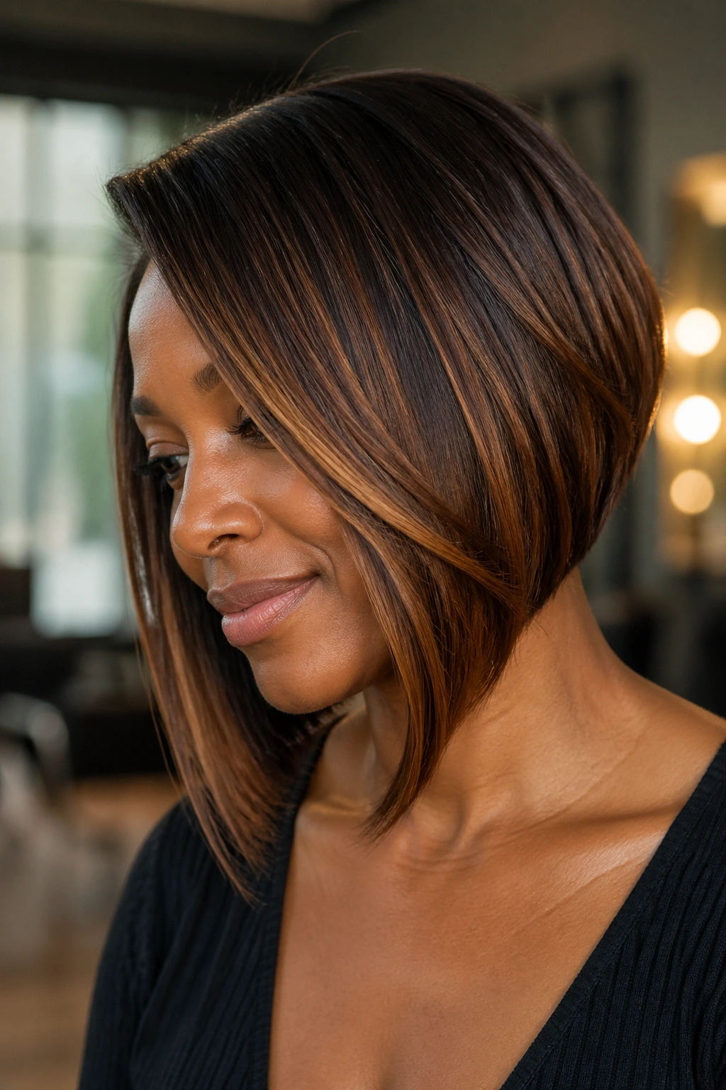 Close-up of a real person with angled bob showing cinnamon and chestnut color panels