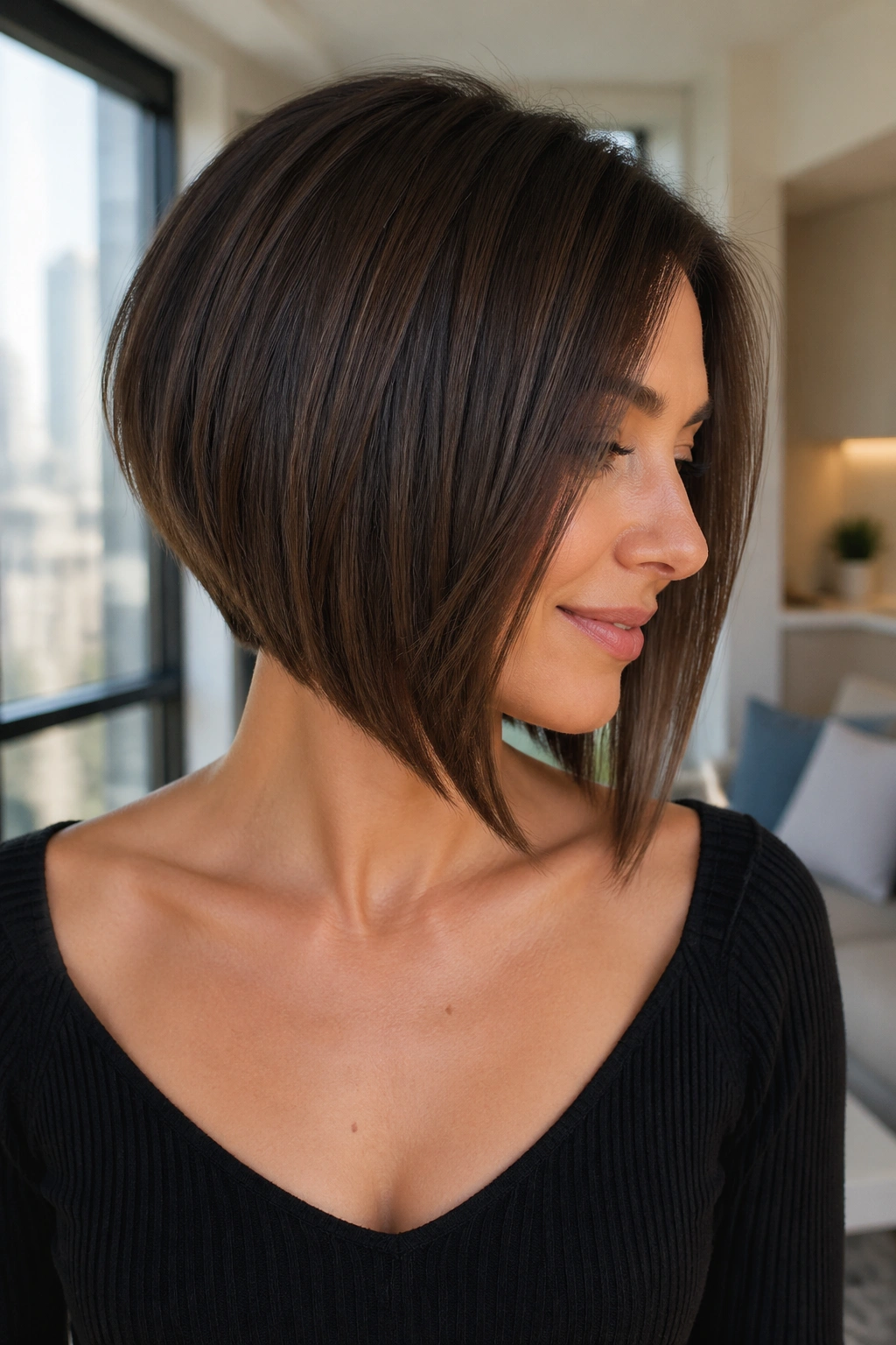 Close-up of a real woman wearing an angled bob with a collarbone-length front and a clean diagonal line