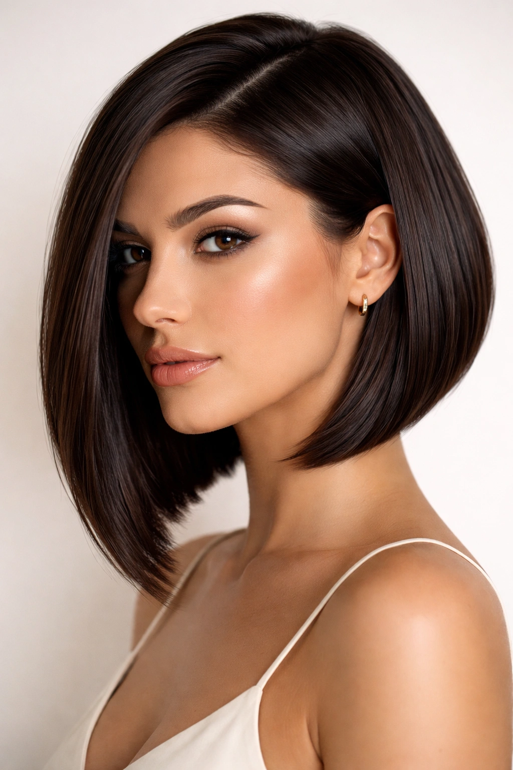 Angled bob in espresso brown with glossy finish and pronounced angle