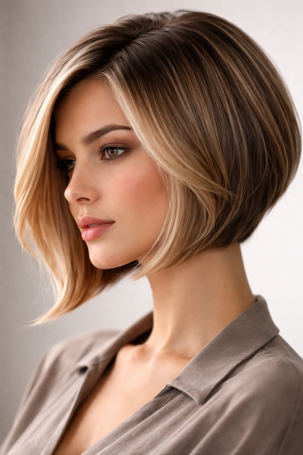 Angled bob showing feathered front pieces along the jawline.