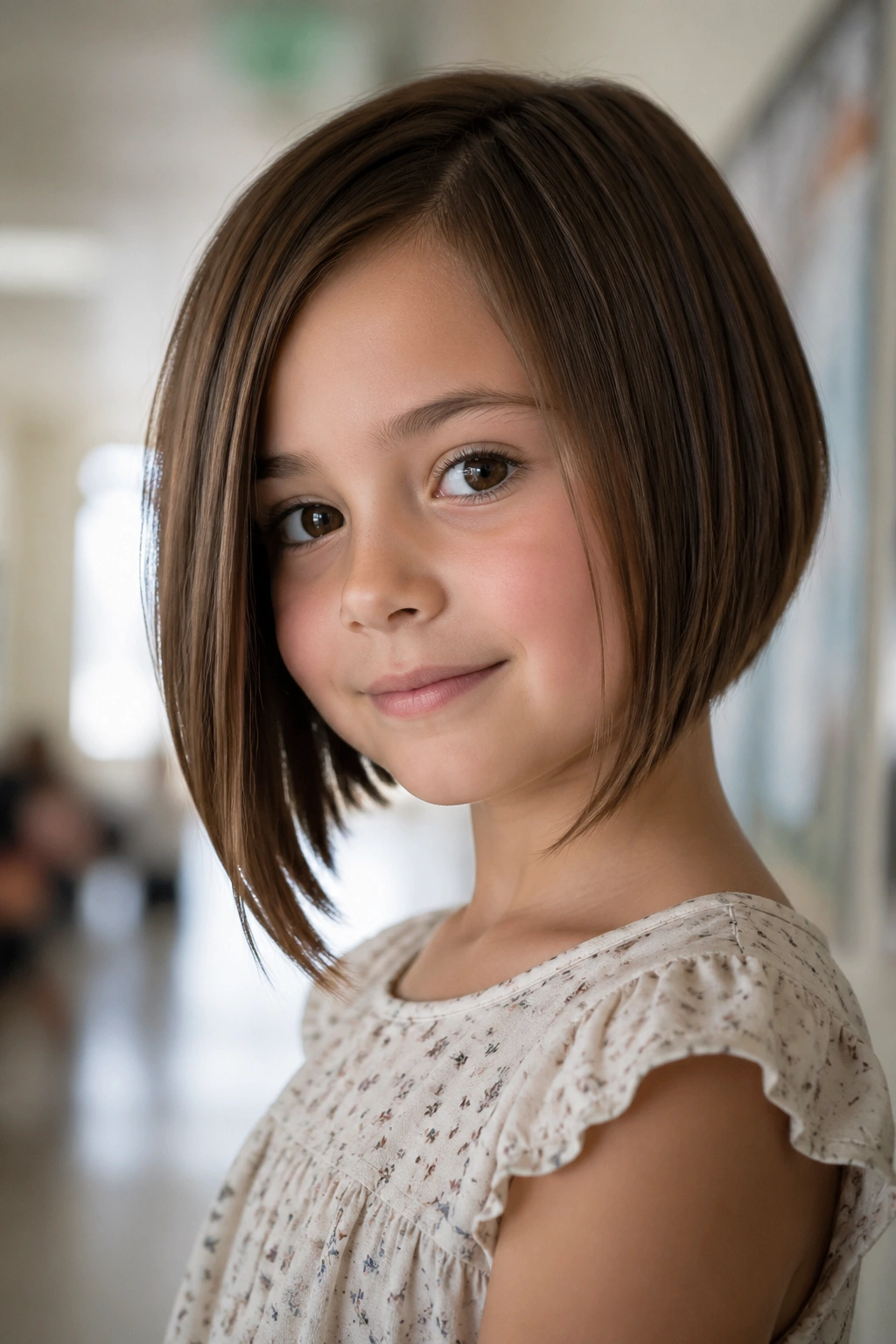 Close-up portrait of a child with an angled bob and gentle drop