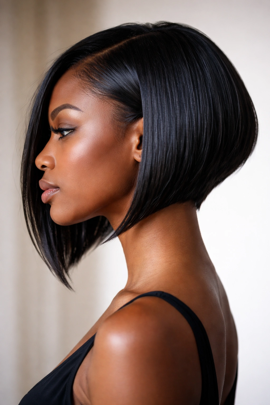 Side profile of an angled bob with longer front on thick black hair