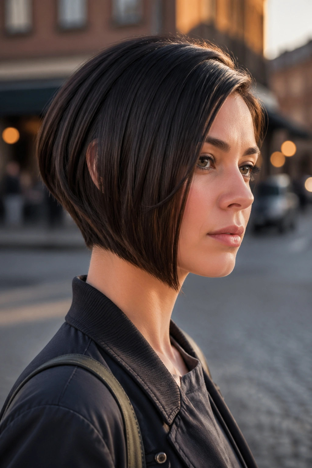 Real person with angled bob featuring a short back and longer front