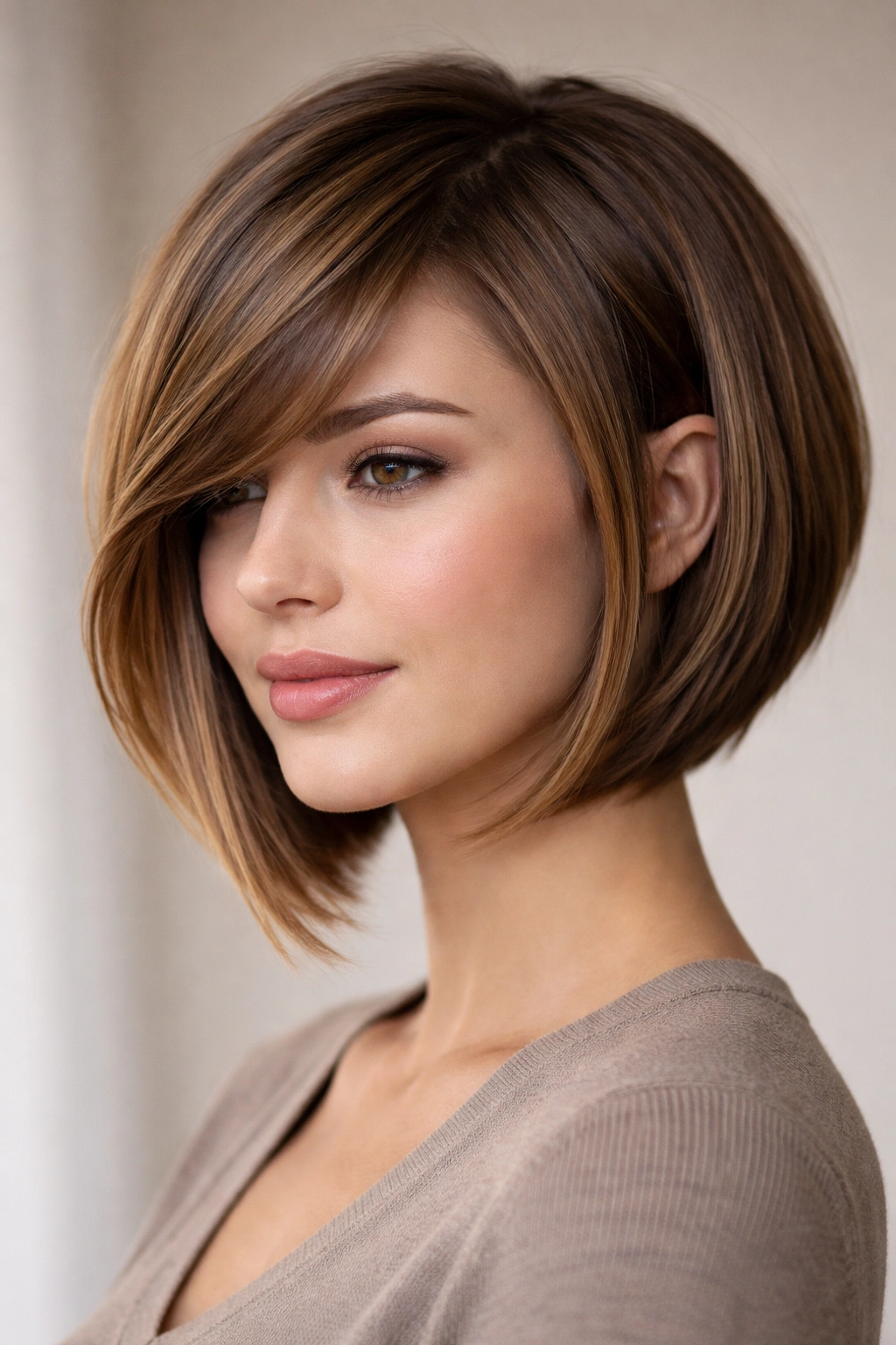 Angled bob showing diagonal line and side-swept bangs