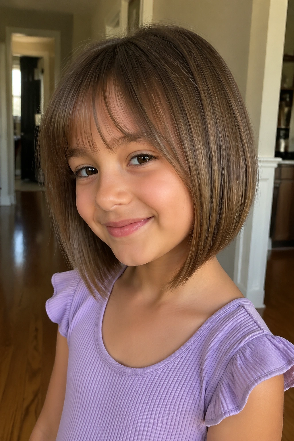 Real child girl with angled bob and wispy bangs in a warm hallway setting.