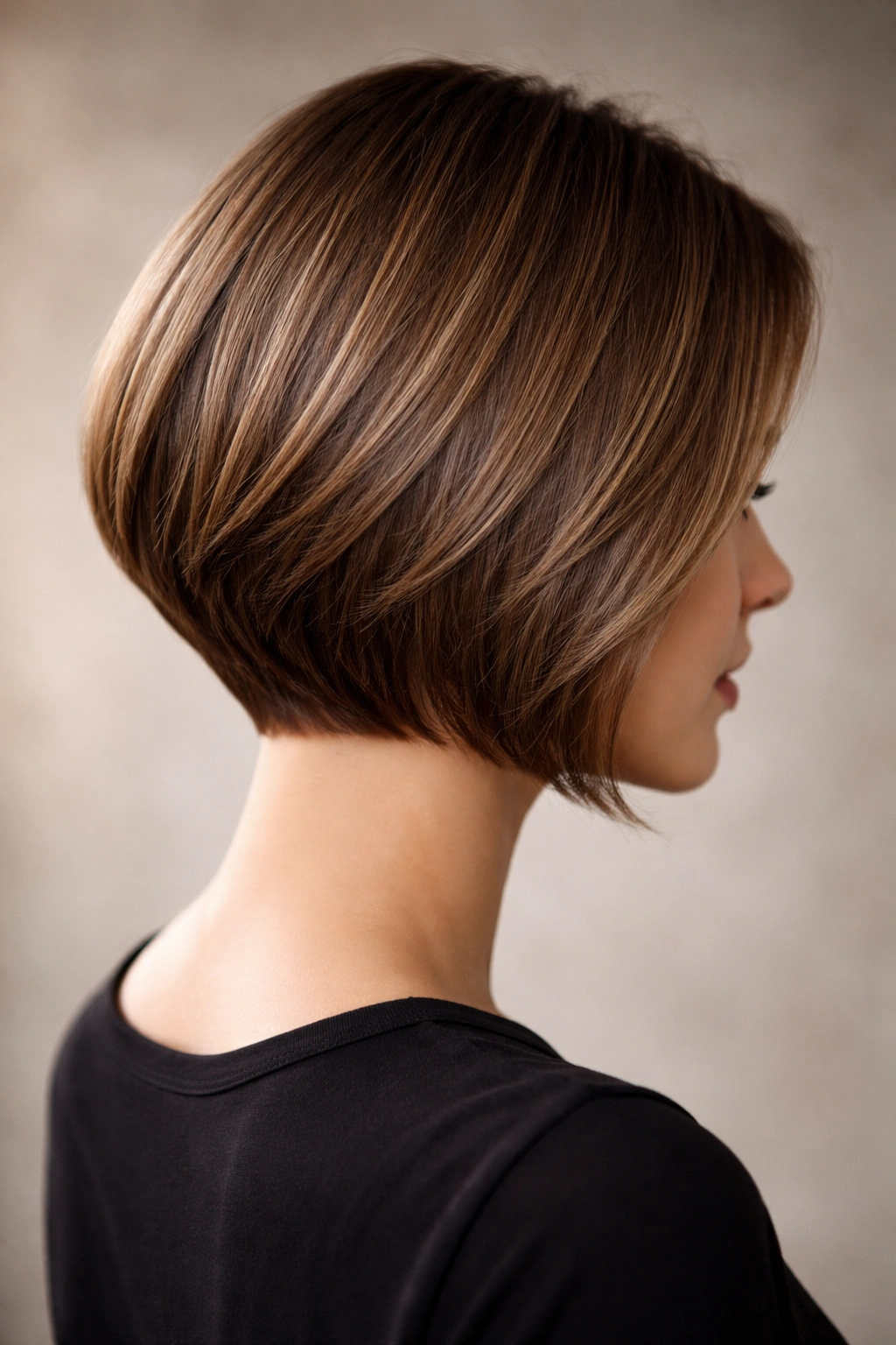 Three-quarter view of angled chin-length bob with back shorter than front