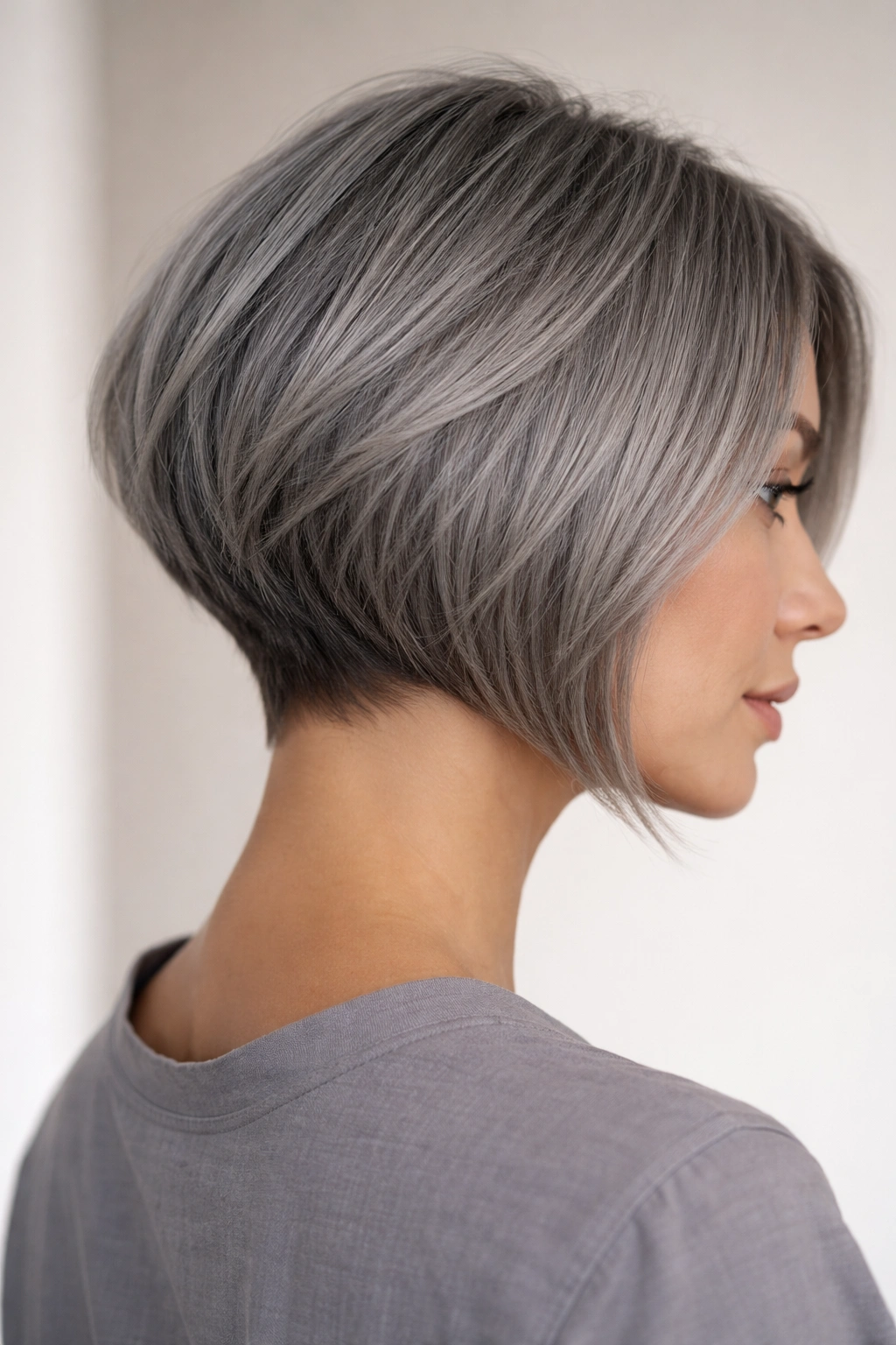 Angled grey bob with tapered nape and longer front pieces.