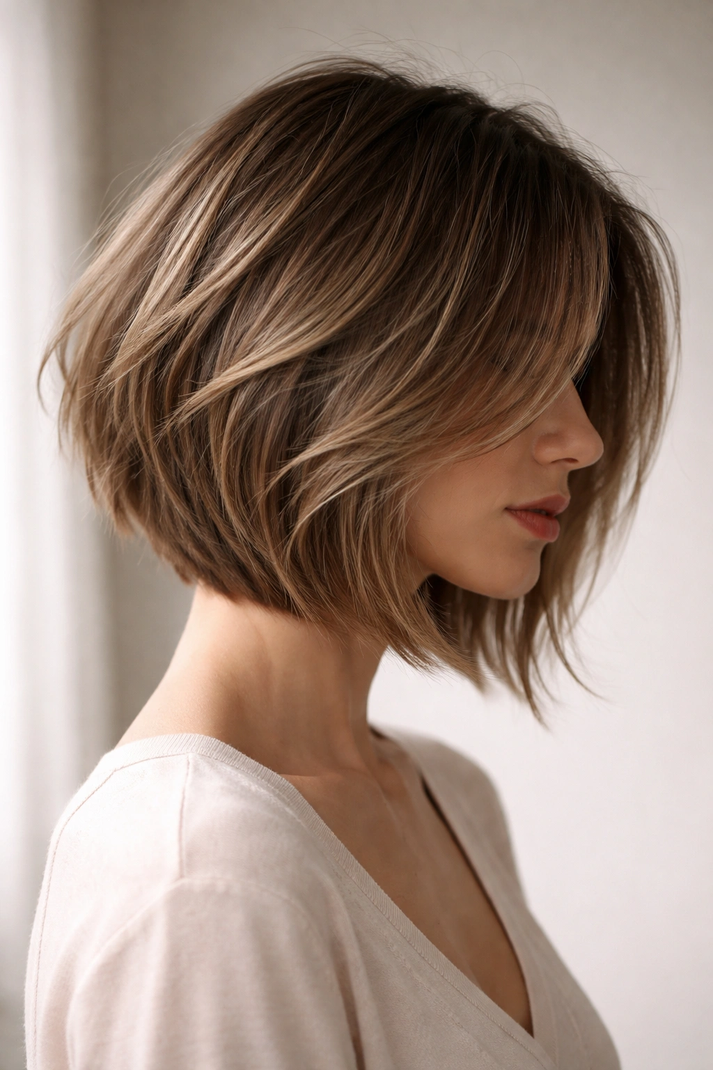 Angled hush cut bob with back shorter and front longer showing movement