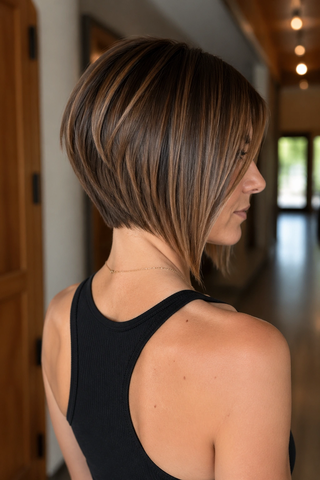 Rear three-quarter view of a real woman with angled laser cut bob stacking in back