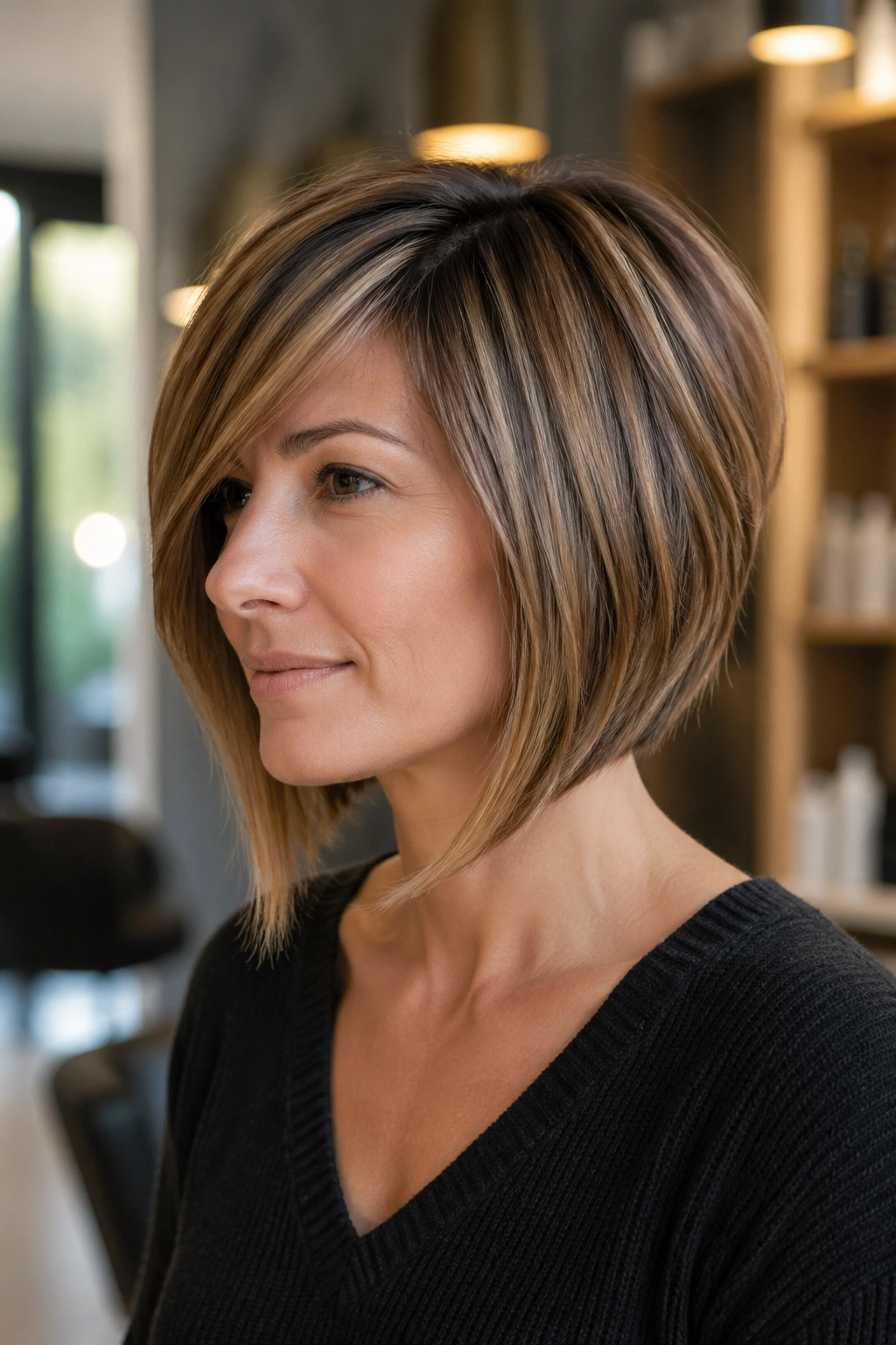 Portrait of person with angled layered bob and side-swept bangs
